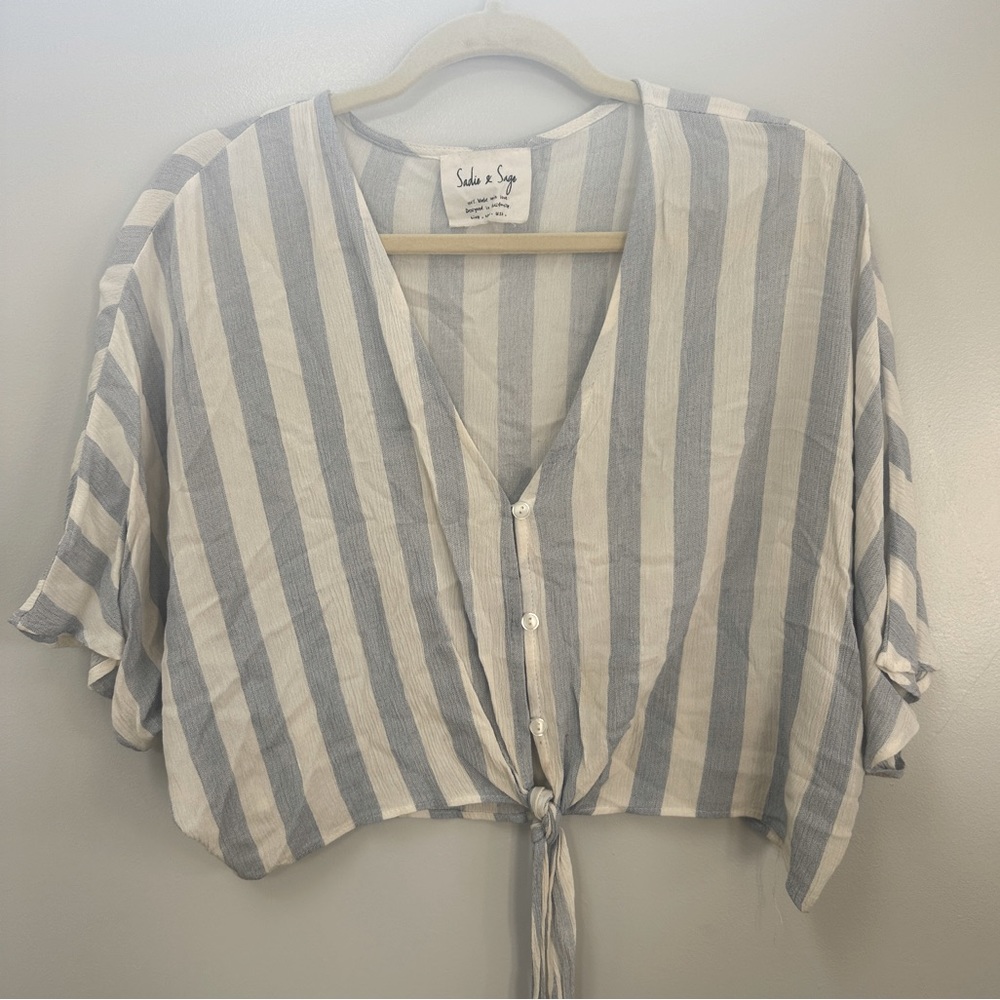 Light blue and white button down tie blouse